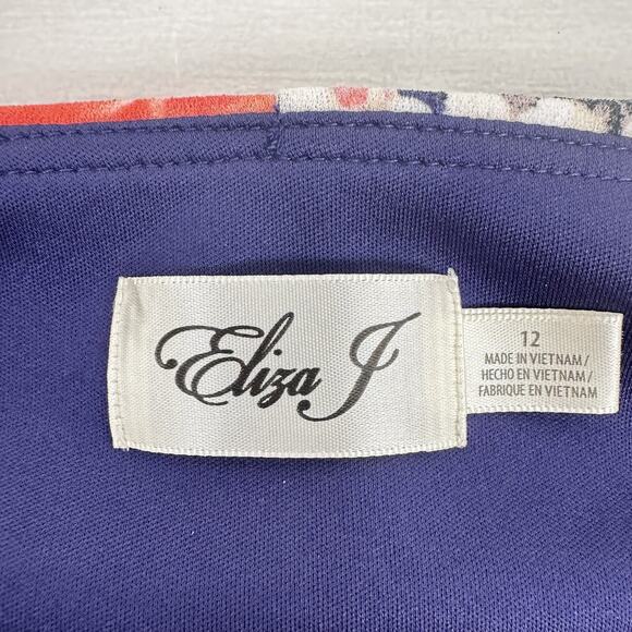 Eliza J Floral Print Shift Dress 12 Navy Blue Pink Bell Sleeve Wedding Guest - Picture 9 of 15